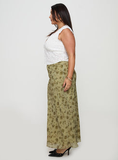   side view of model wearing Princess Polly Piazia Maxi Skirt Green Curve Maxi 