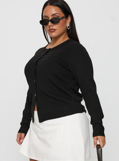 side view of model wearing Princess Polly Lauraine Cardigan Black Curve 
