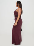 side view of model wearing Princess Polly Ultraviolet One Shoulder Lace Maxi Dress Wine Curve Asymmetric Neckline 