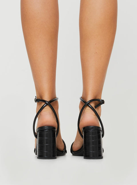 Faux croc leather heel Square toe, block heel, strappy upper, ankle fastening
