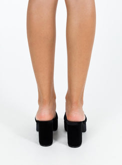 Heels Velvet like material Wide strap upper Block heel Platform base