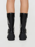 Black Faux croc leather knee-high boots Slip-on design, silver-toned buckles, rounded toe, treaded sole, padded footbed