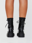 Faux croc leather combat boots Rounded toe, lace up fastening, treaded sole, pull tab at back