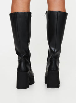 Knee High Boots Platform base, round toe, block heel, padded footbed Zip fastening at side