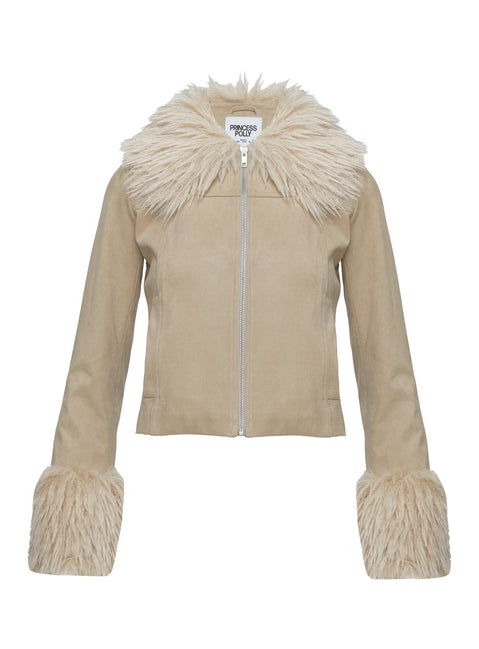 Jeanna Suede Faux Fur Detail Jacket Beige