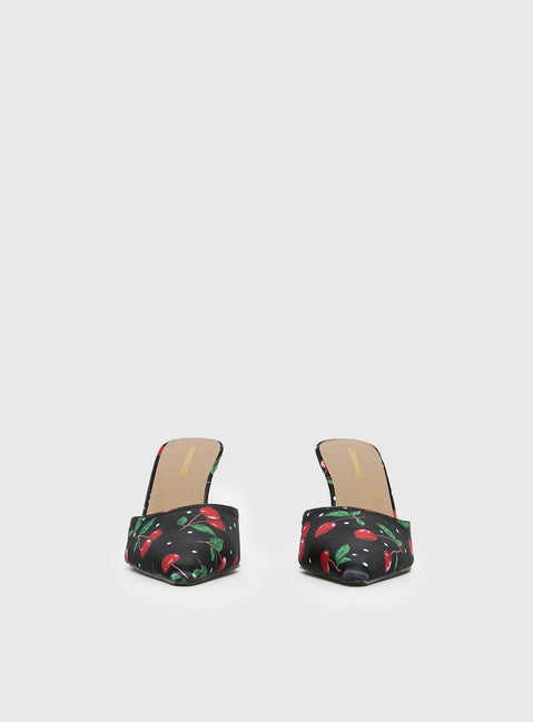 Cherry Season Pointed Toe Heels Black Multi