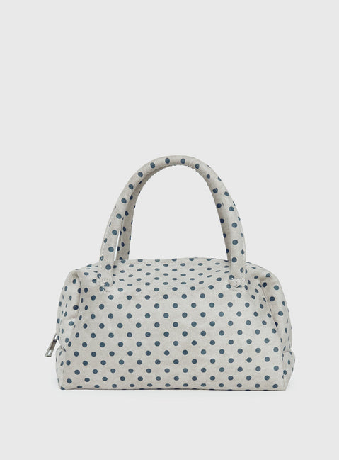 Luellah Faux Suede Boston Bag White / Grey Polka Dot
