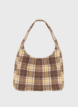 Brown Plaid shoulder bag Fixed shoulder strap, magnetic button fastening, external pocket, flat base