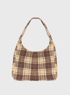 Brown Plaid shoulder bag Fixed shoulder strap, magnetic button fastening, external pocket, flat base
