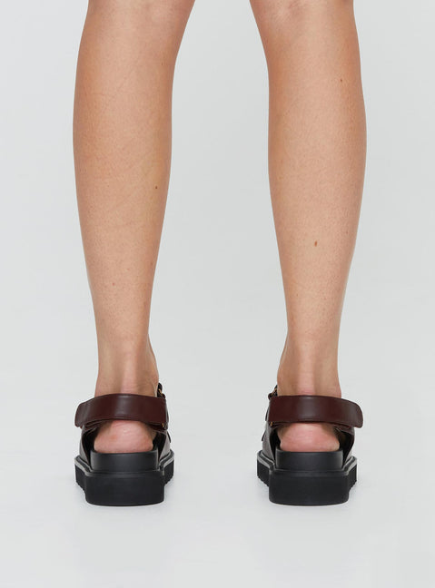 Sandals Faux leather material, twin velcro upper, chunky treaded sole, padded footbed Ankle strap with velcro fastening