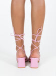 Pink heels Faux leather material Strappy upper Shaved block heel Square toe Ankle wrap fastening