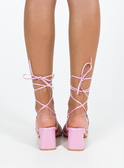Pink heels Faux leather material Strappy upper Shaved block heel Square toe Ankle wrap fastening