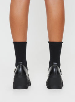 Mary jane heels  Faux leather single strap upper, contrast stitching, treaded sole, platform style, buckle fastening with silver-toned hardware