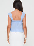 back view of model wearing Princess Polly Mooney Top Blue Sleeveless Square Neck 