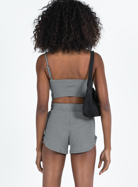 Grey matching set Crop top Adjustable shoulder straps Sweetheart neckline Bike shorts Thick elasticated waistband Good stretch Unlined