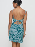 back view of model wearing Princess Polly Vittorio Bias Cut Mini Dress Blue Scoop Neck 