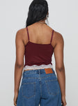 back view of model wearing Princess Polly Top Model Cami Burgundy Sleeveless Sweetheart 