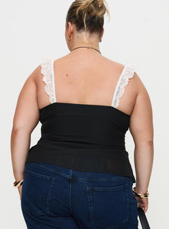 back view of model wearing Princess Polly Delvonte Top Black Curve Sleeveless Plunger 