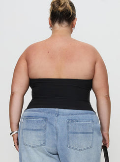 back view of model wearing Princess Polly Flounce Strapless Top Black Curve Sleeveless straight 