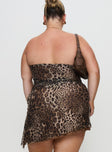 back view of model wearing Princess Polly Donelli Mini Dress Leopard Curve Straight Neck 