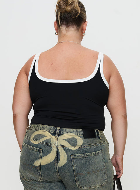 back view of model wearing Princess Polly Astrea Bodysuit Black / White Curve Sleeveless 