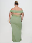 back view of model wearing Princess Polly Gwendolen Off The Shoulder Maxi Dress Green Curve Straight Neck 