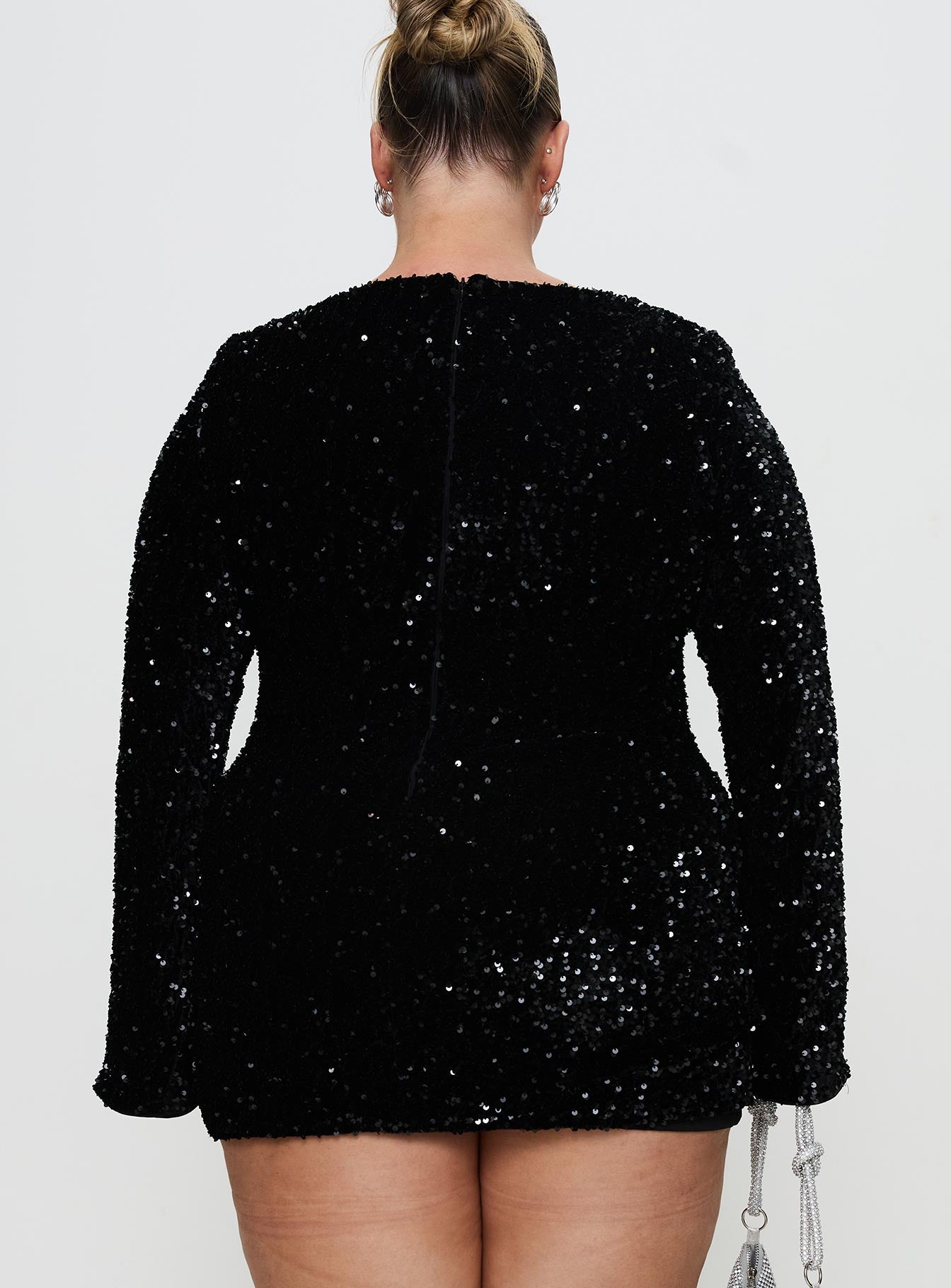 back view of model wearing Princess Polly Vinelle Long Sleeve Mini Dress Black Curve Square Neck 