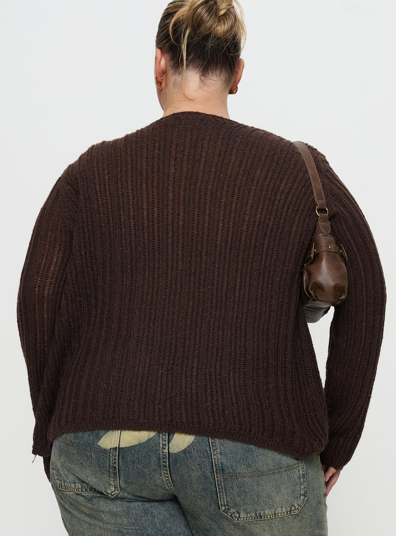 back view of model wearing Princess Polly Lenker Knit Jumper Brown Curve Long 
