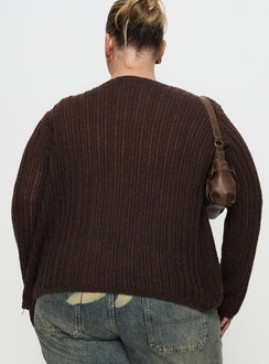 back view of model wearing Princess Polly Lenker Knit Jumper Brown Curve Long 