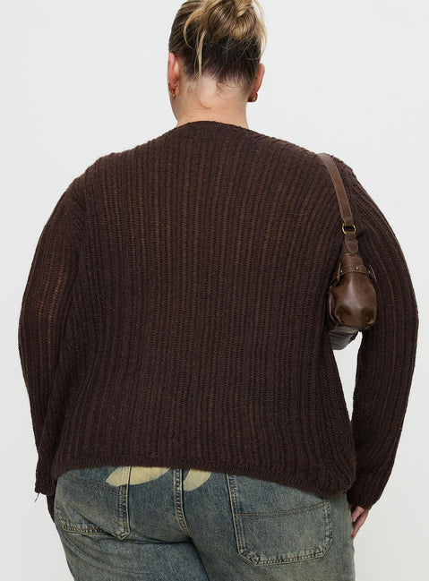 back view of model wearing Princess Polly Lenker Knit Jumper Brown Curve Long 