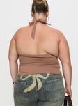 back view of model wearing Princess Polly Whimsy Halter Top Chocolate Curve Sleeveless Plunger 