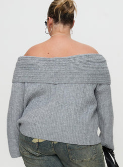 back view of model wearing Princess Polly Snowie Off Shoulder Knit Sweater Grey Curve 