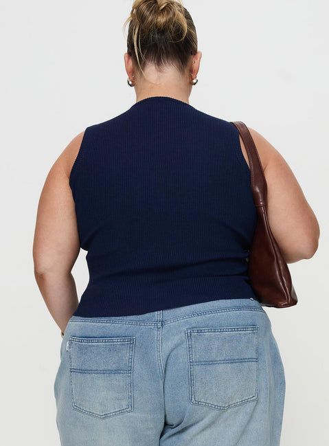 back view of model wearing Princess Polly Suzu Sleeveless Top Navy Curve Sleeveless Crew Neck 