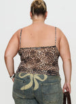 back view of model wearing Princess Polly Fast Times Top Leopard Curve Sleeveless Plunger 