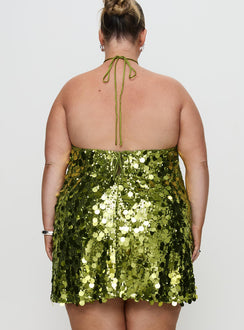 back view of model wearing Princess Polly Fluorescents Halter Mini Dress Green Curve Asymmetric Neckline 