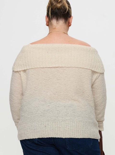 back view of model wearing Princess Polly Parkley Boucle Off The Shoulder Cream Curve 