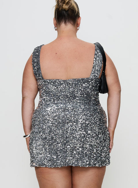 back view of model wearing Princess Polly Miss Me Sequin Mini Dress Silver Curve Square Neck 