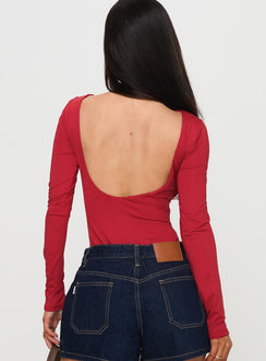 back view of model wearing Princess Polly Beresford Long Sleeve Bodysuit Wine Full Sleeves 