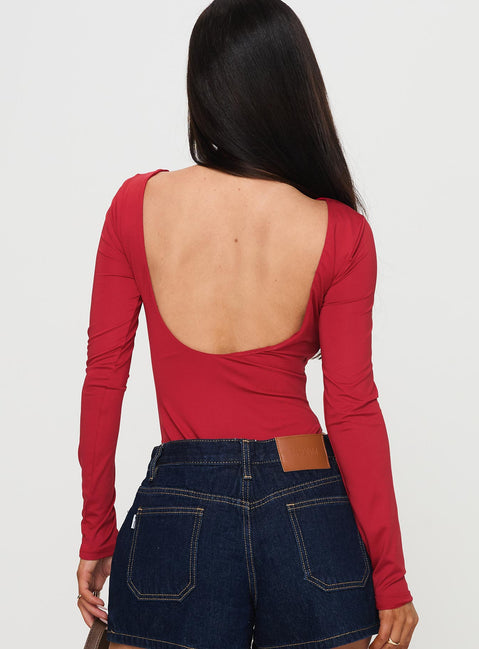 back view of model wearing Princess Polly Beresford Long Sleeve Bodysuit Wine Full Sleeves 