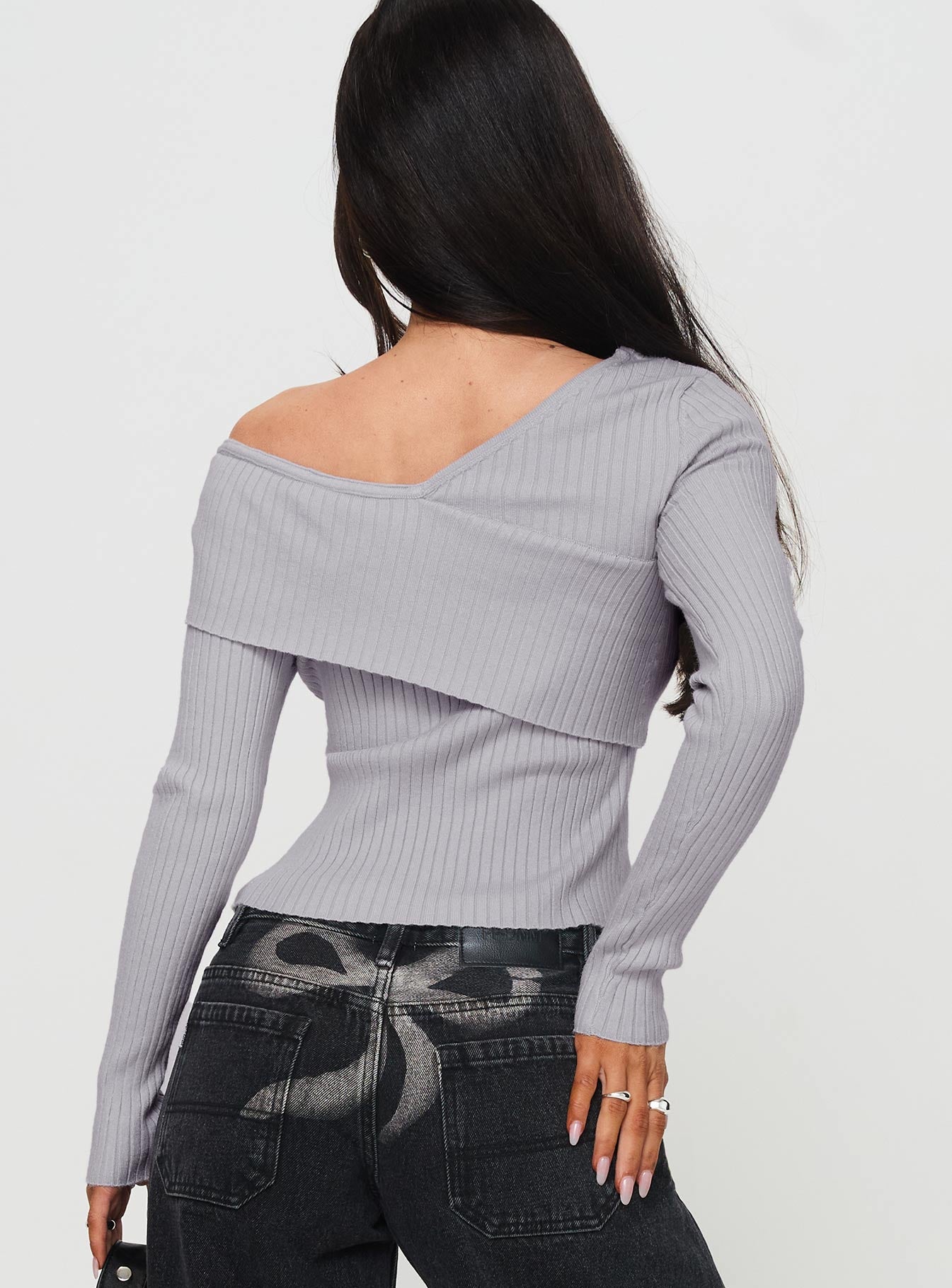 back view of model wearing Princess Polly Nolia Long Sleeve Top Grey Full Sleeves Asymmetric Neckline 