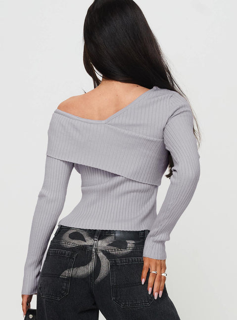 back view of model wearing Princess Polly Nolia Long Sleeve Top Grey Full Sleeves Asymmetric Neckline 