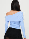 back view of model wearing Princess Polly Woolton Long Sleeve Top Blue Full Sleeves Asymmetric Neckline 