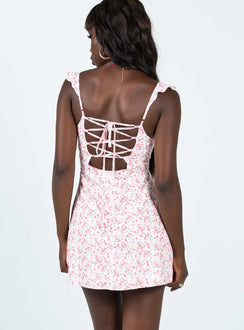 back view of model wearing Princess Polly Landon Mini Dress Pink Floral Tall Sweetheart Neckline 