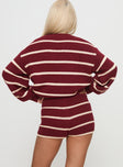 back view of model wearing Princess Polly Read Your Mind Knit Short Maroon Stripe Low Rise Shorts 