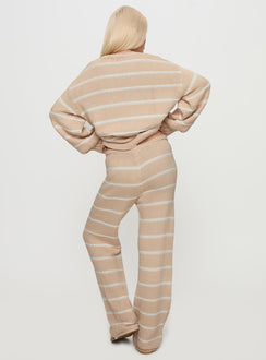 back view of model wearing Princess Polly Read Your Mind Knit Pant Cream Stripe High Waisted Pants 