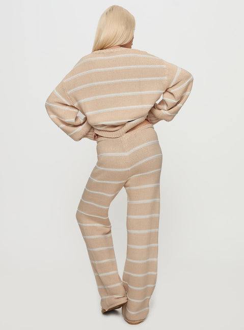 back view of model wearing Princess Polly Read Your Mind Knit Pant Cream Stripe High Waisted Pants 