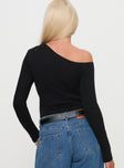 back view of model wearing Princess Polly Miyako Long Sleeve Bodysuit Black Full Sleeves Asymmetric Neckline 