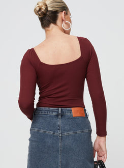 back view of model wearing Princess Polly Charlotte Bodysuit Burgundy Full Sleeves Square Neck 