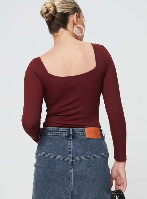 back view of model wearing Princess Polly Charlotte Bodysuit Burgundy Full Sleeves Square Neck 
