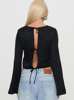 back view of model wearing Princess Polly Rhydian Long Sleeve Tie Top Black Full Sleeves Crew Neck 